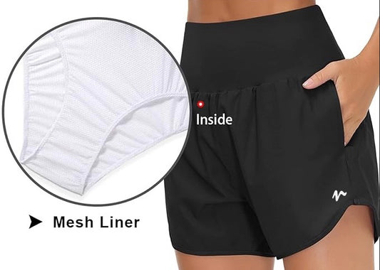 High Waist Running Shorts With Liner & Pockets - White Logo