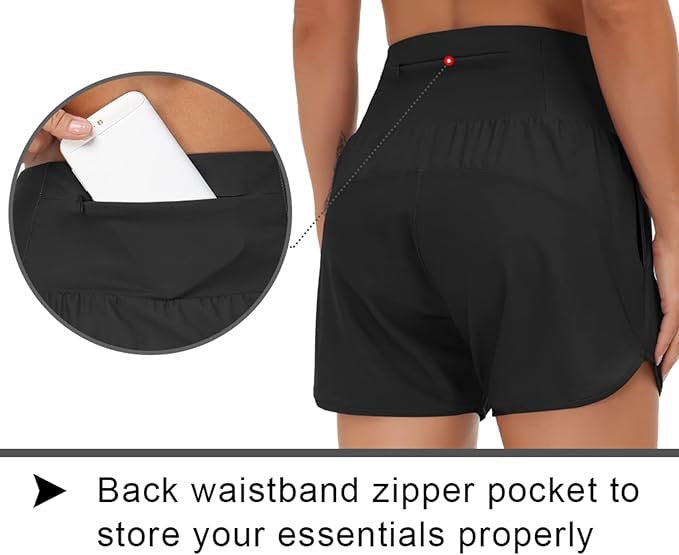 High Waist Running Shorts With Liner & Pockets - White Logo