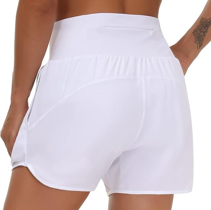 High Waist Running Shorts With Liner & Pockets - Black Logo