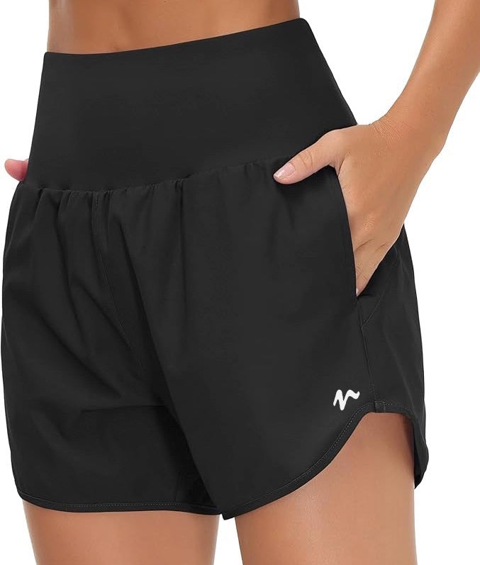 High Waist Running Shorts With Liner & Pockets - White Logo