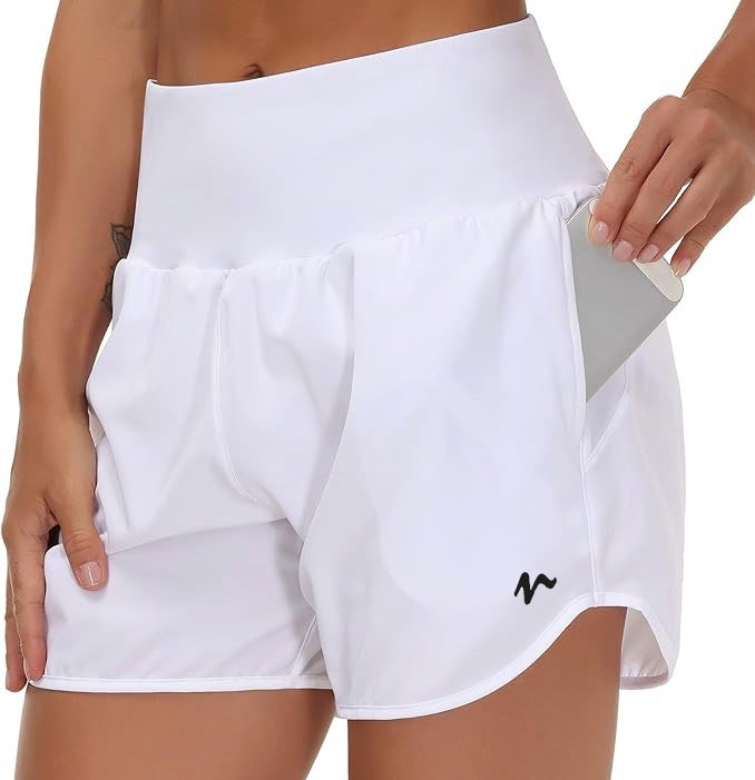 High Waist Running Shorts With Liner & Pockets - Black Logo