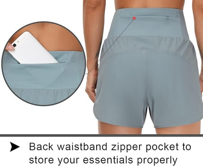 High Waist Running Shorts With Liner & Pockets - Black Logo