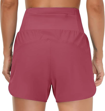 High Waist Running Shorts With Liner & Pockets - Black Logo