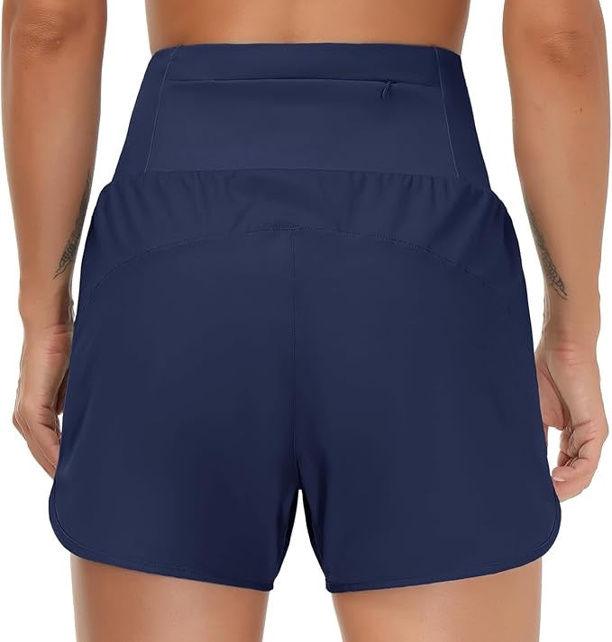 High Waist Running Shorts With Liner & Pockets - Black Logo