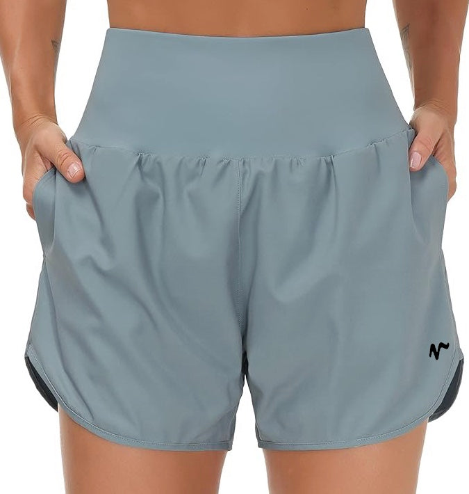 High Waist Running Shorts With Liner & Pockets - Black Logo