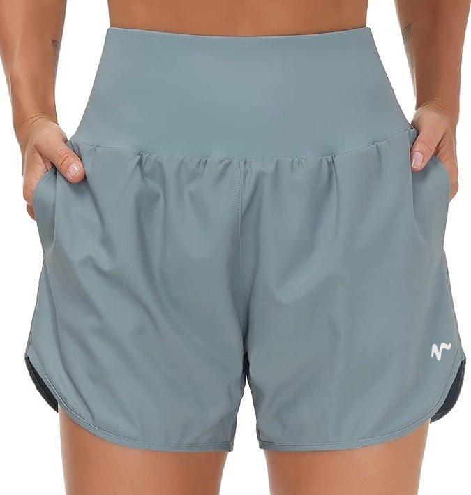 High Waist Running Shorts With Liner & Pockets - White Logo