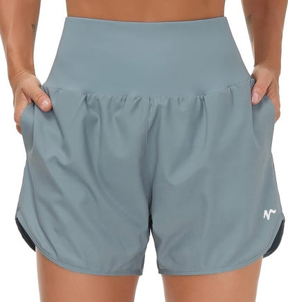 High Waist Running Shorts With Liner & Pockets - White Logo