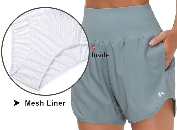 High Waist Running Shorts With Liner & Pockets - White Logo