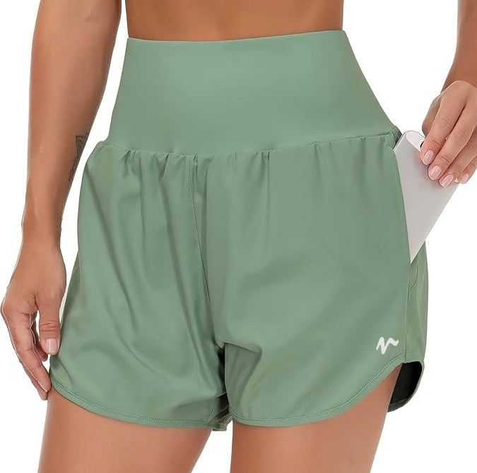 High Waist Running Shorts With Liner & Pockets - White Logo
