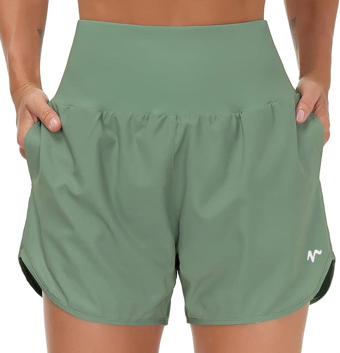 High Waist Running Shorts With Liner & Pockets - White Logo