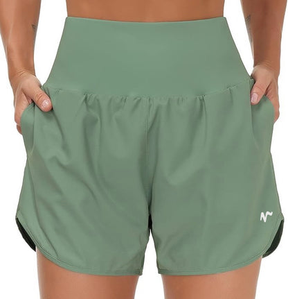 High Waist Running Shorts With Liner & Pockets - White Logo