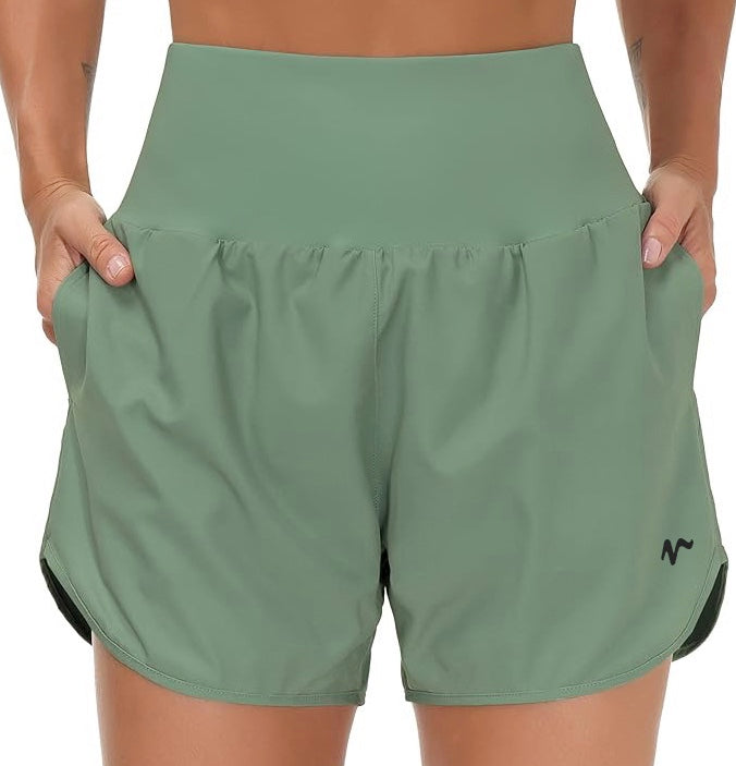 High Waist Running Shorts With Liner & Pockets - Black Logo