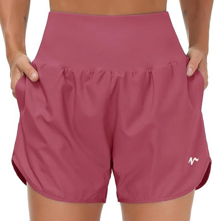 High Waist Running Shorts With Liner & Pockets - White Logo