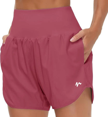 High Waist Running Shorts With Liner & Pockets - White Logo