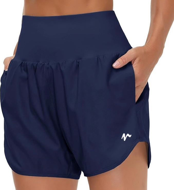 High Waist Running Shorts With Liner & Pockets - White Logo