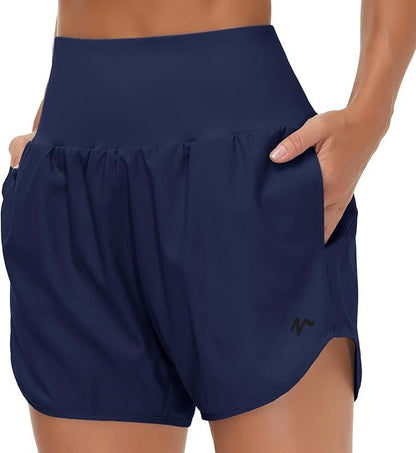 High Waist Running Shorts With Liner & Pockets - Black Logo