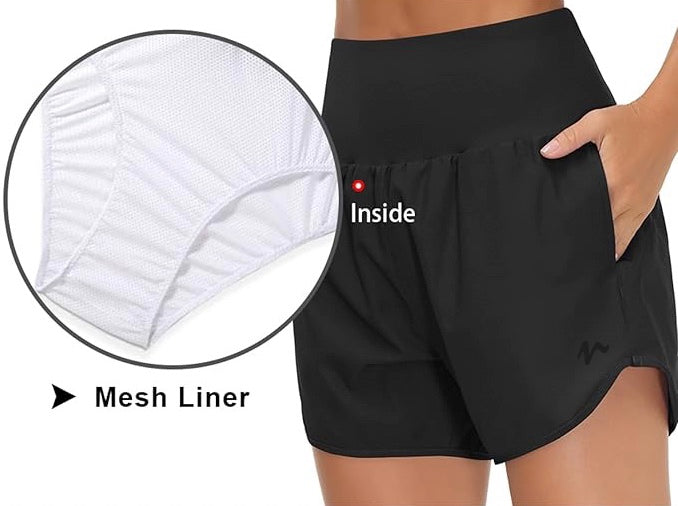 High Waist Running Shorts With Liner & Pockets - Black Logo