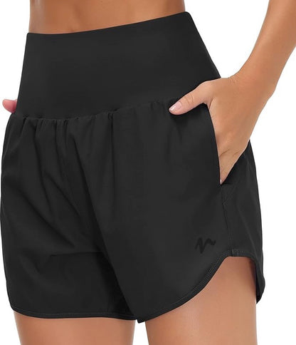 High Waist Running Shorts With Liner & Pockets - Black Logo